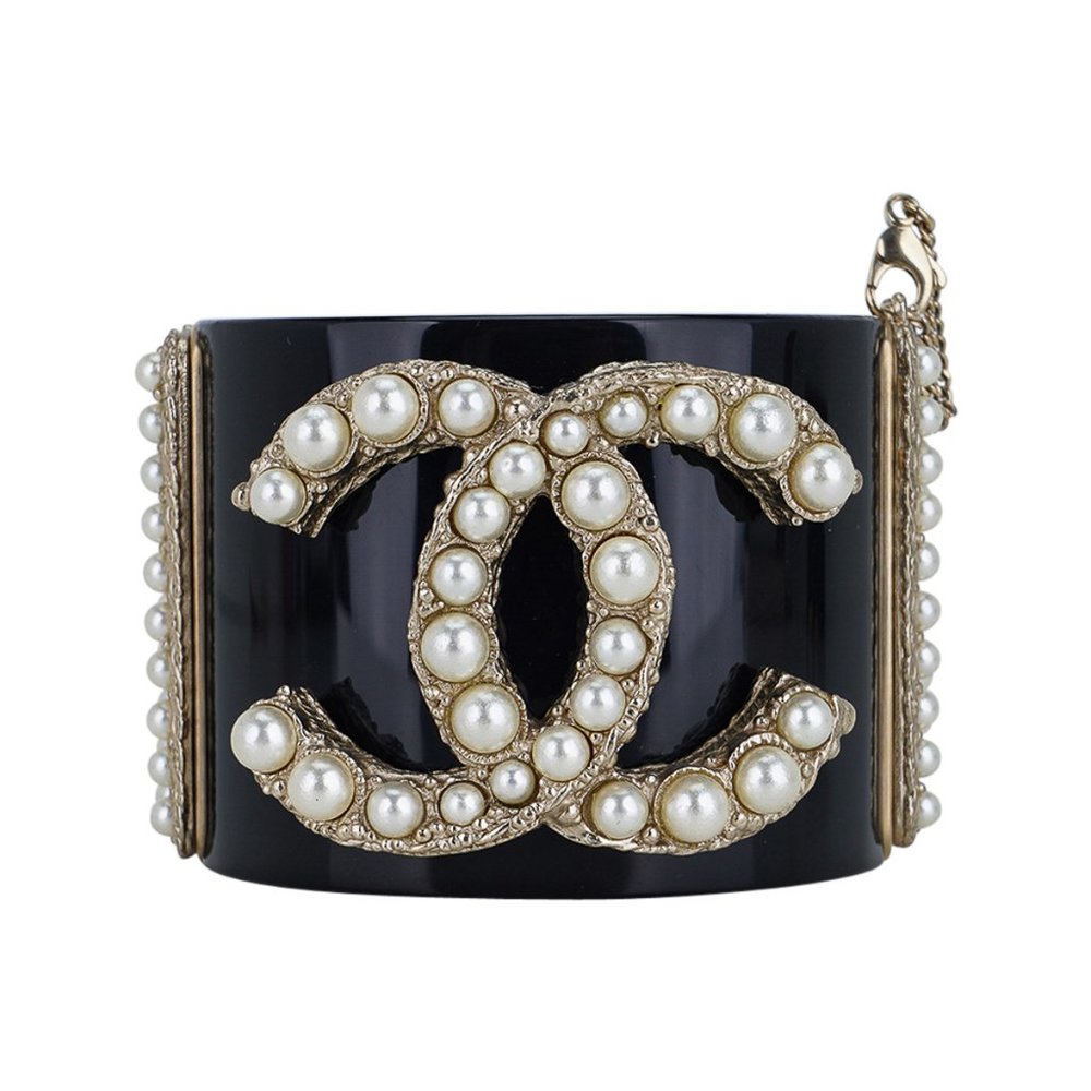 Chanel Black Resin / Faux Pearl Encrusted CC Clamper Cuff Bracelet c 2011